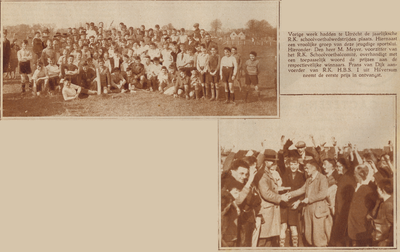 874325 Collage van 2 foto's betreffende de R.K. schoolvoetbalwedstrijden gespeeld op de terreinen van Semper Avanti en ...